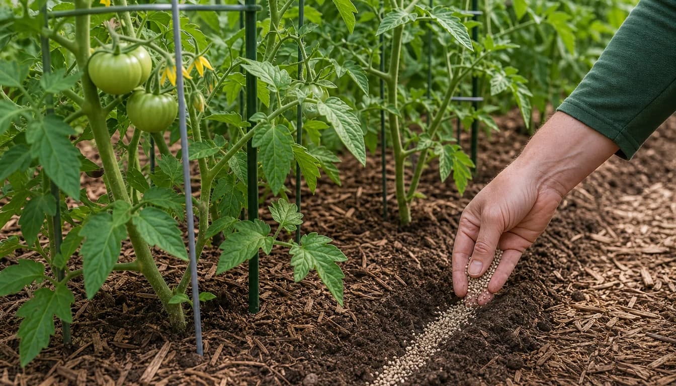 gardener side dressing fertilizer alongside tomato plants in a row