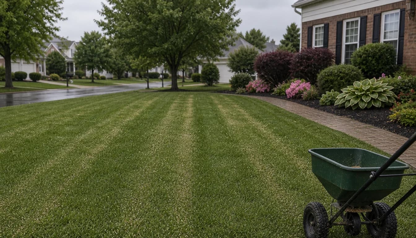 home lawn right before light rain with spreader stripes visible