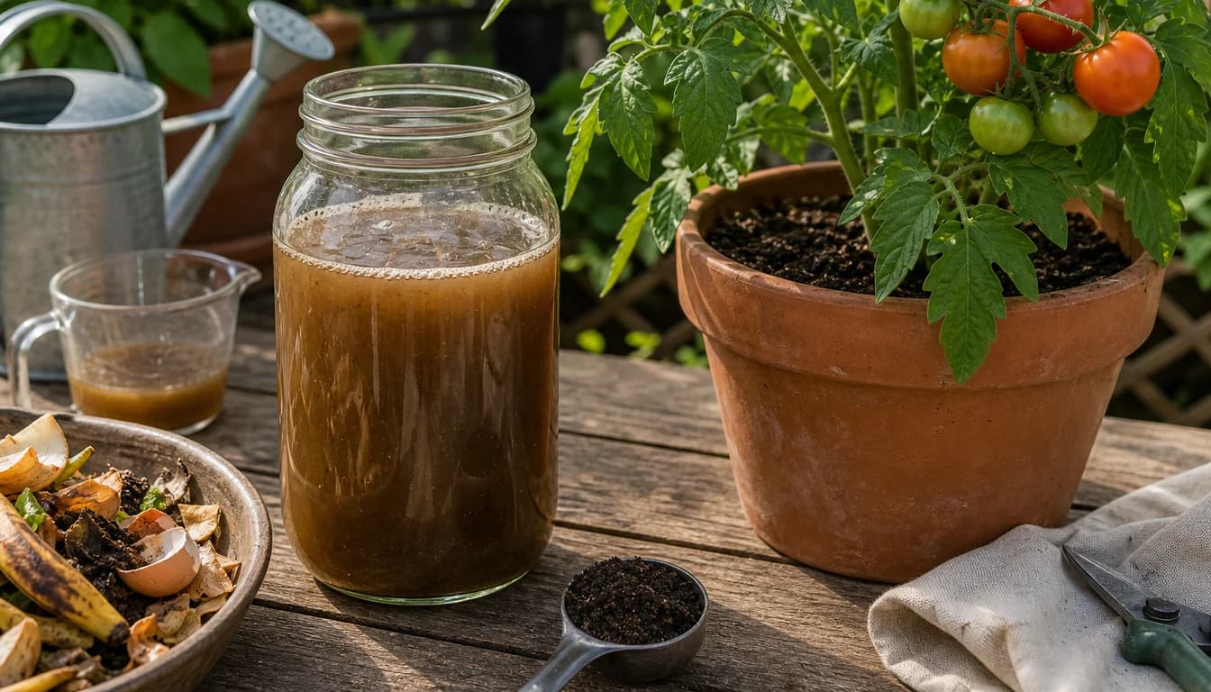 jar of homemade liquid fertilizer next to potted tomato plant