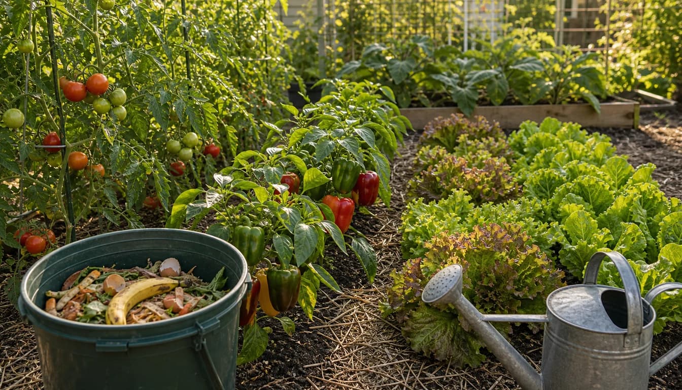garden bed with tomatoes peppers and lettuce showing different fertilizer needs