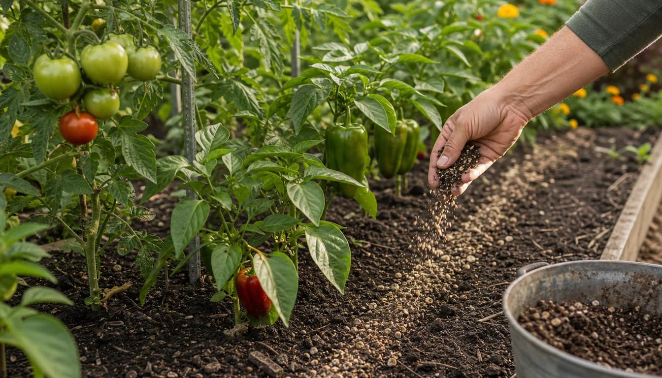 side dressing vegetable row with homemade granular fertilizer