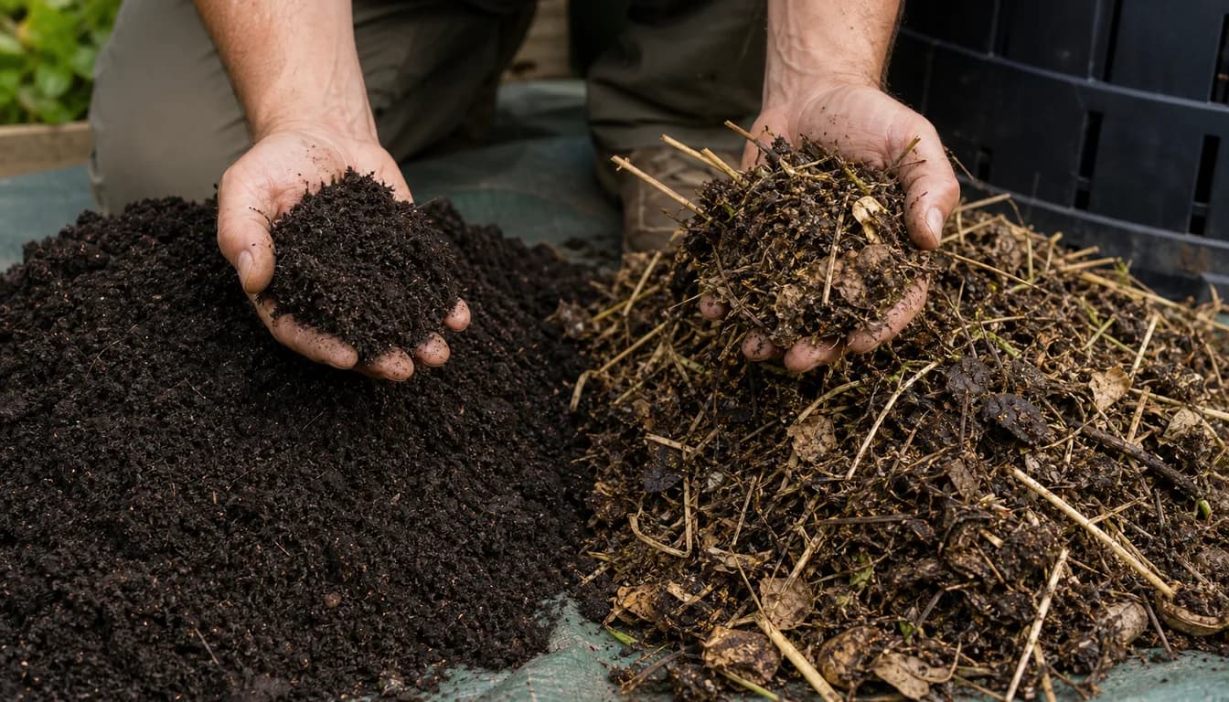 finished compost pile next to a younger pile showing different decomposition stages