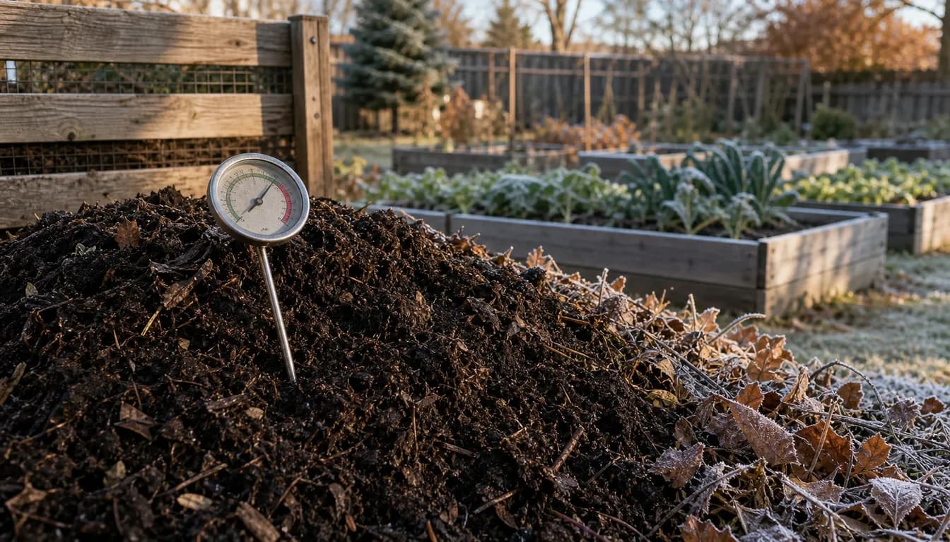 compost thermometer in outdoor compost pile showing temperature in different seasons