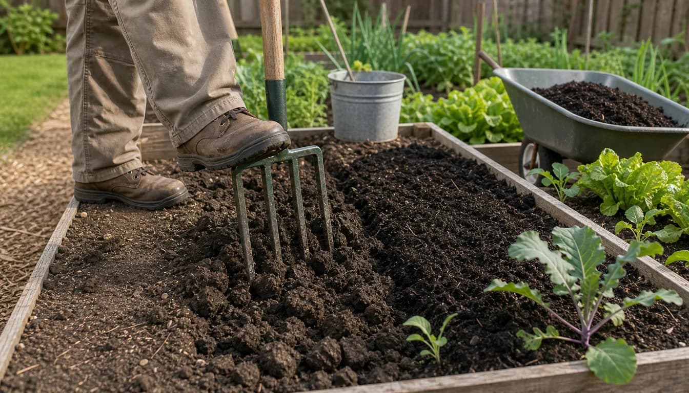 gardener using a broadfork to loosen soil in a raised garden bed