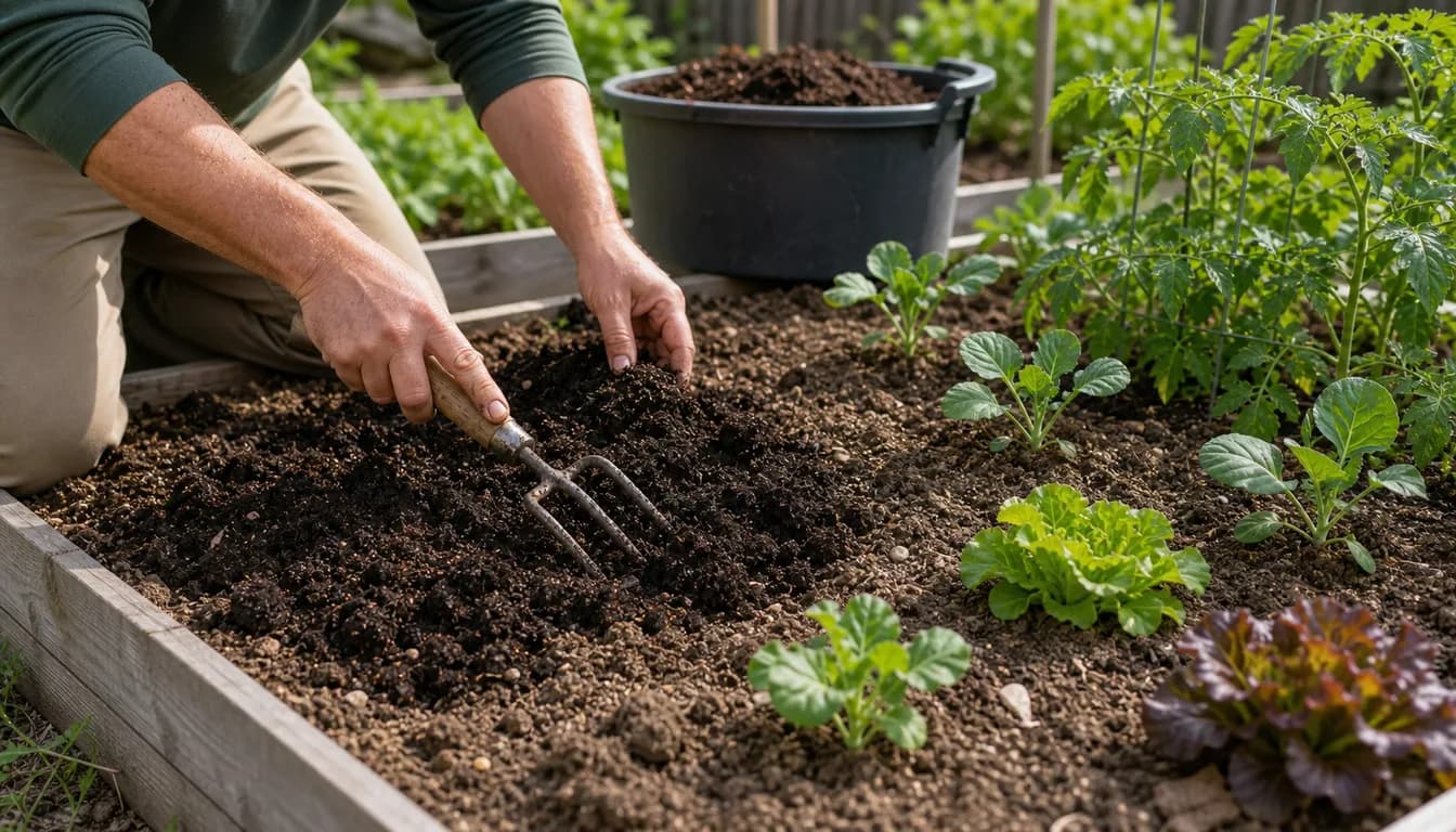 gardener mixing compost into vegetable garden soil