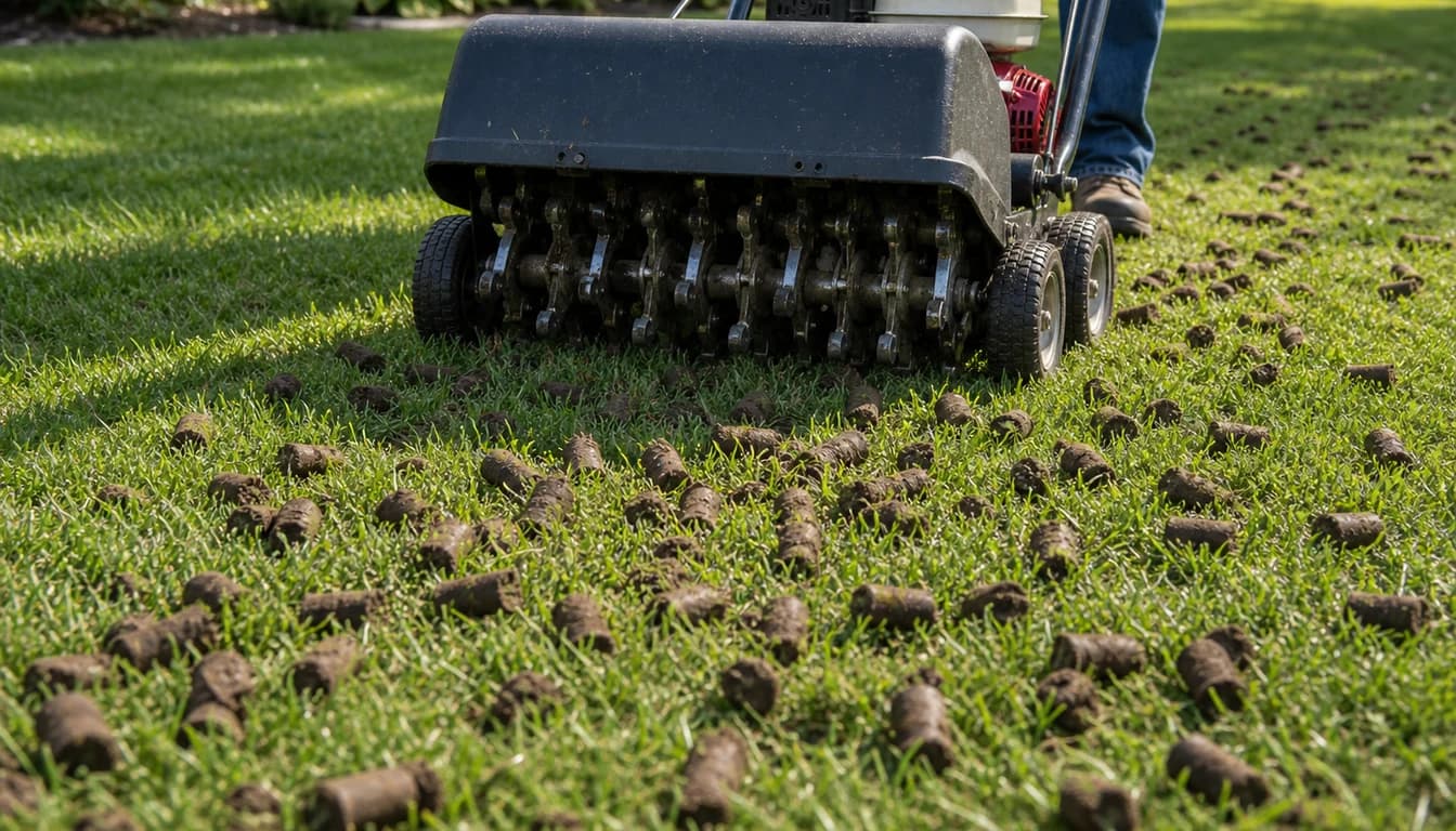 core plug aerator pulling soil cores across residential lawn
