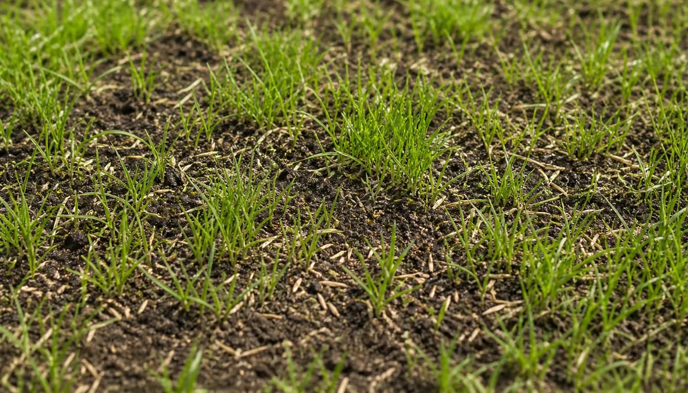 closeup of overseeded lawn with green seedlings and bare soil patches