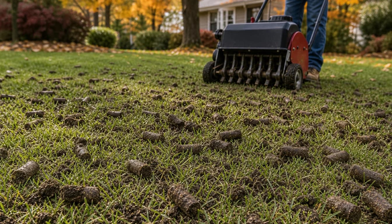 core aeration plugs on cool season lawn before overseeding