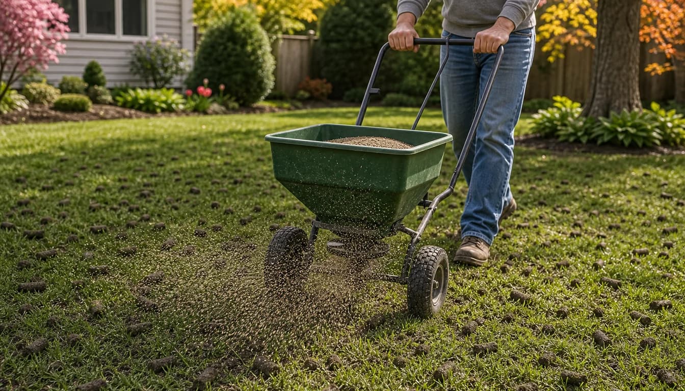 homeowner overseeding lawn after core aeration