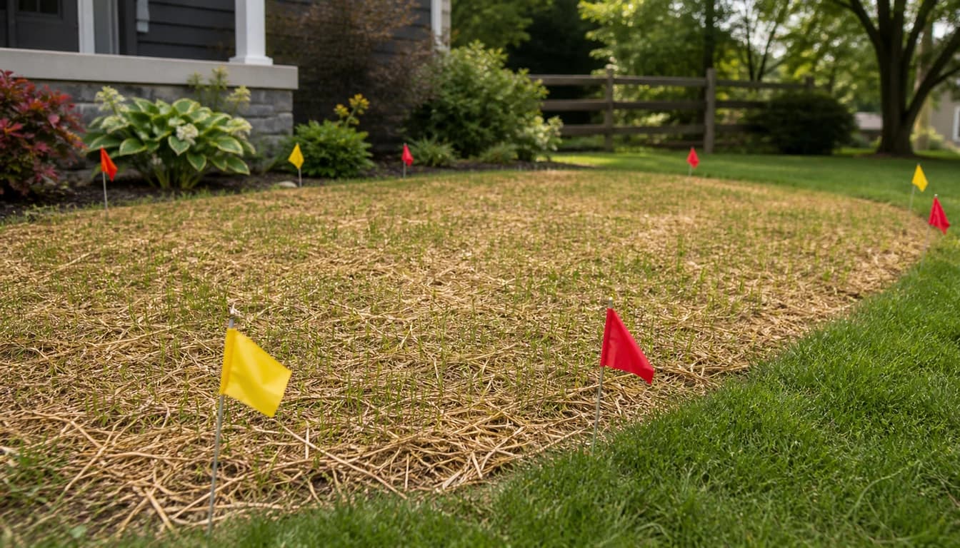 newly seeded lawn area with flags marking no-walk zone