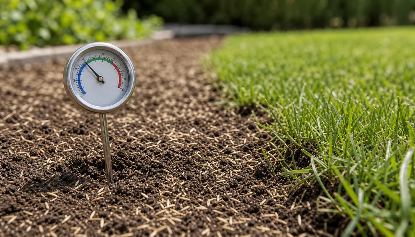 soil thermometer measuring temperature in lawn area before seeding