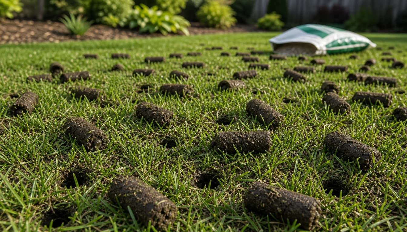 core aeration plugs on lawn before overseeding