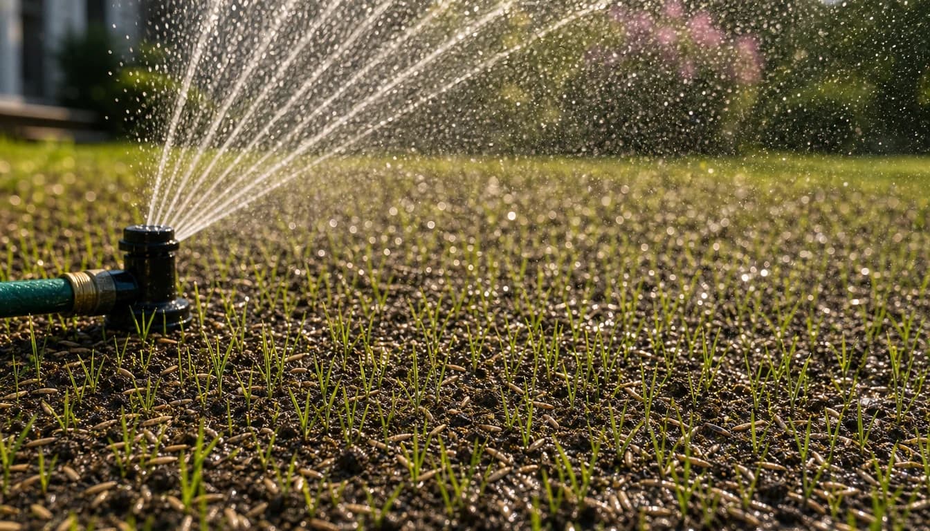 close up of lawn sprinkler watering tiny grass seedlings