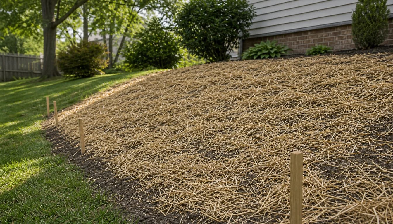 new grass seed covered with straw on a sloped lawn repair area