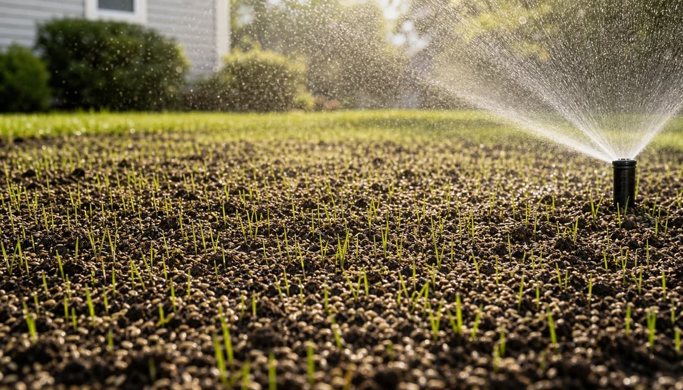 Fine sprinkler mist watering new grass seed without washing seed away