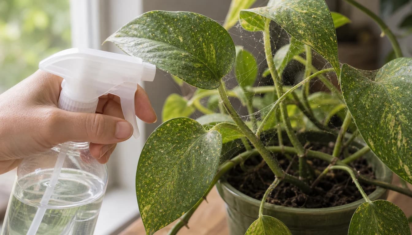 Houseplant leaves with spider mite webbing and stippled yellow damage beside a spray bottle