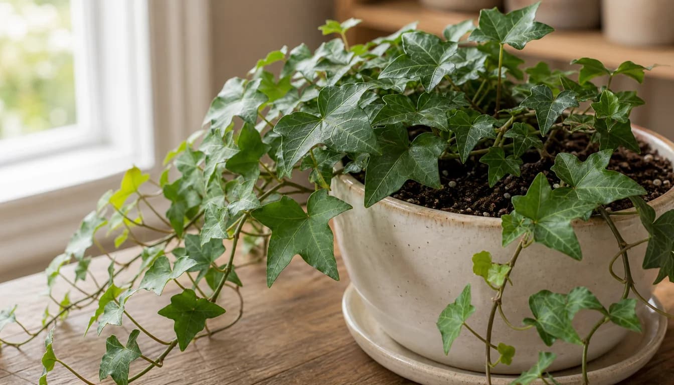 Close view of English Ivy lobed leaves and trimmed indoor vines