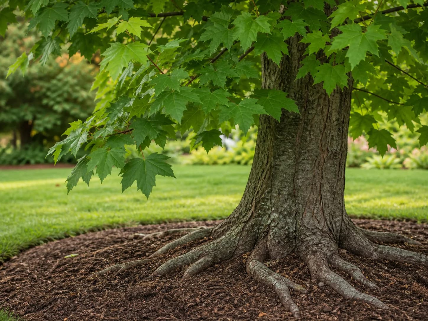 Close detail of maple leaves, bark, roots, and mulch ring