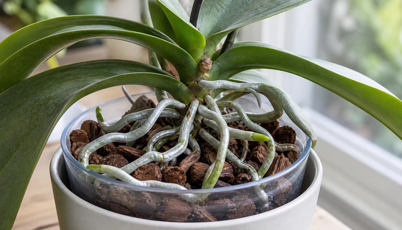Phalaenopsis orchid roots and bark potting mix visible below broad green leaves