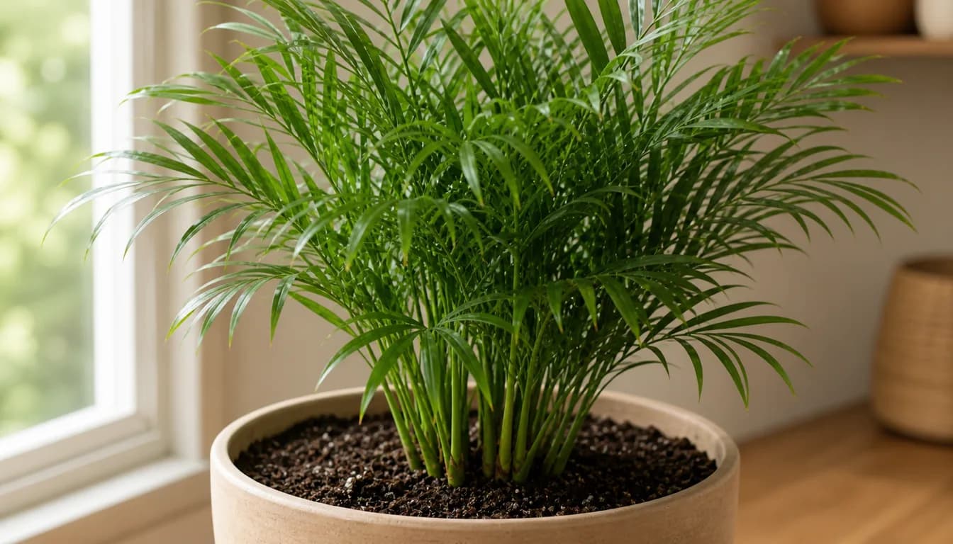 Close view of parlor palm fronds showing fine leaflets and compact clumping growth