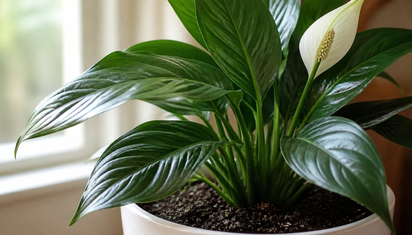 Peace Lily white spathe rising above glossy green foliage