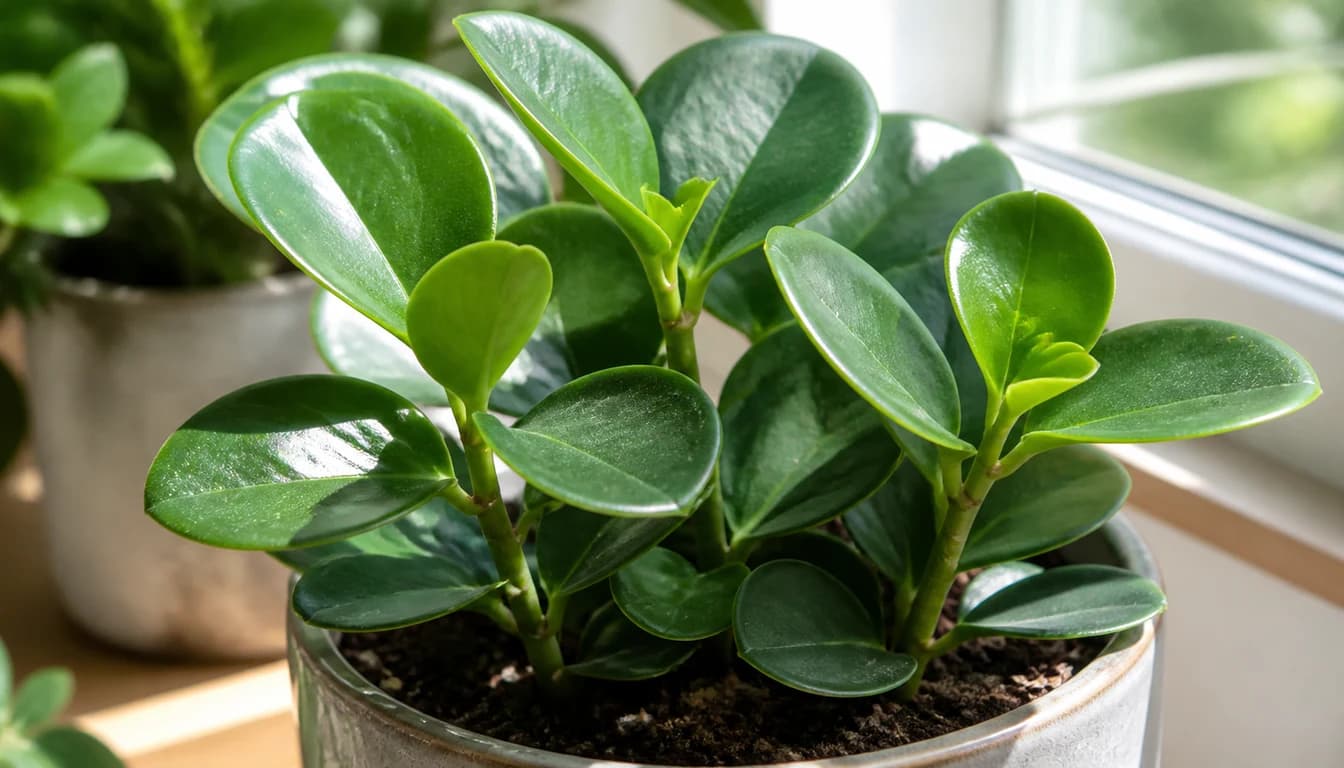 Close view of Peperomia obtusifolia oval leaves and compact stems above potting mix