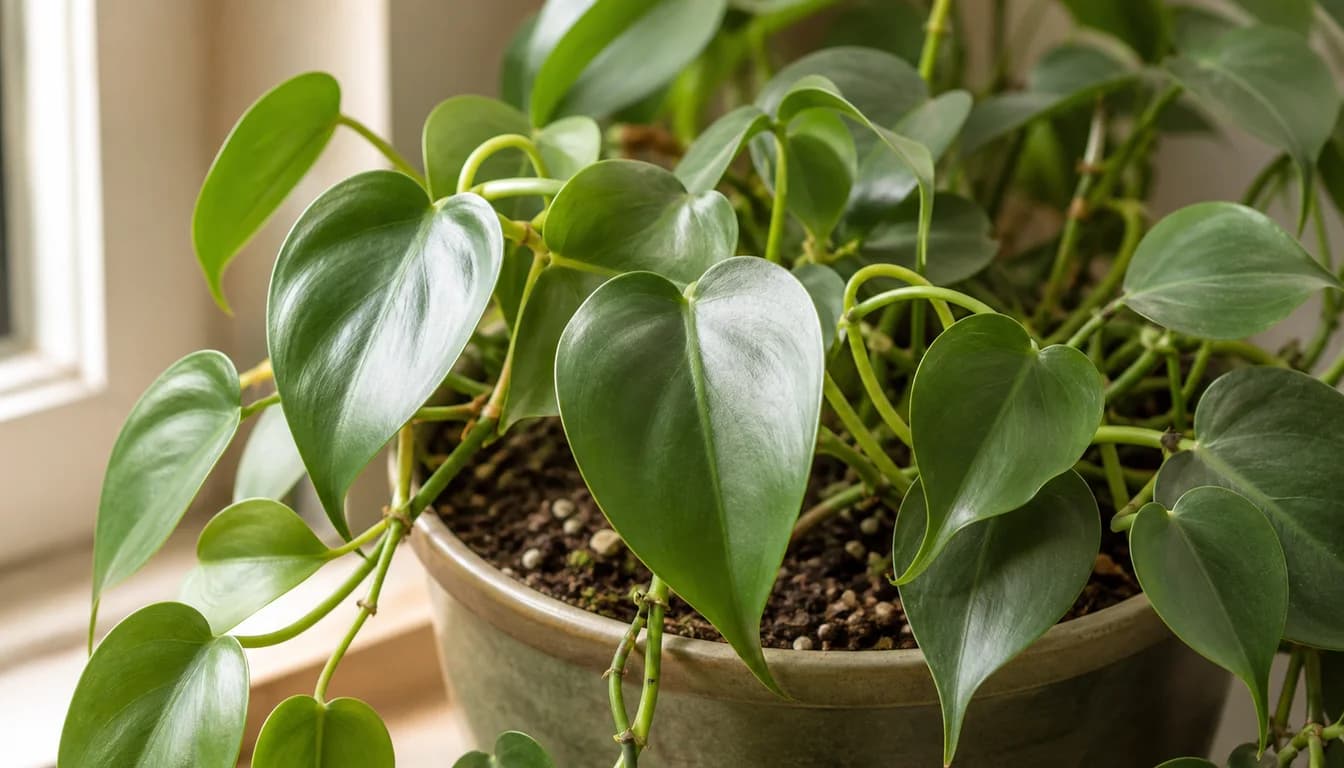 Close view of Philodendron node and heart-shaped leaf on a trailing vine