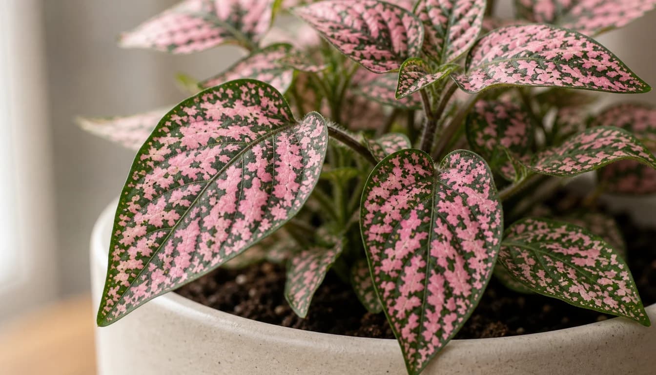 Close view of Polka Dot Plant colorful spotted leaves and tender stems