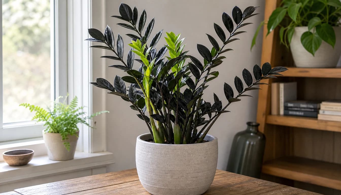 Raven ZZ Plant with glossy black leaflets and lime green new shoots in a modern pot
