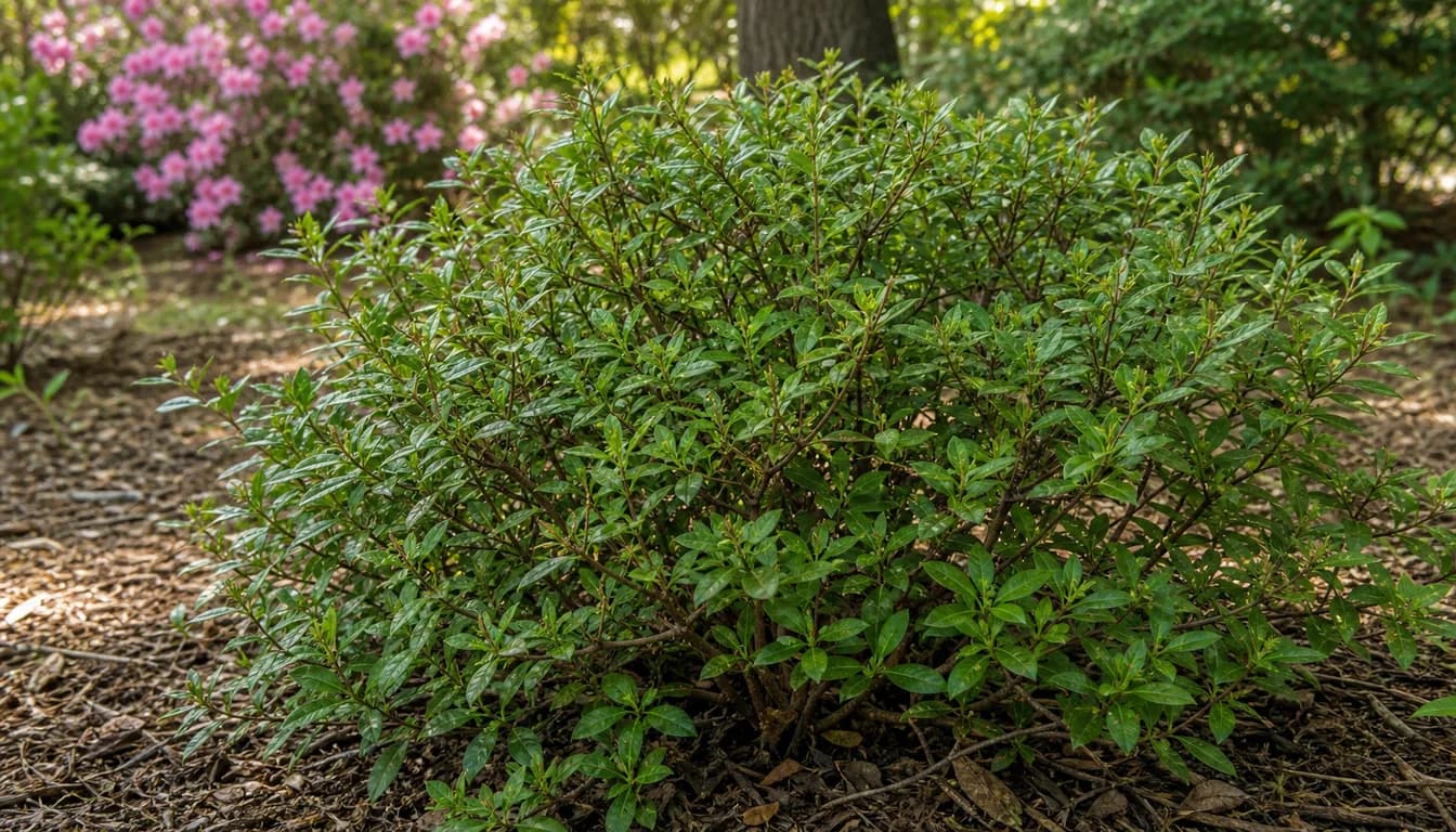 Flowerless azalea shrub with small evergreen leaves and bare twig tips in a mulched spring garden, with pink blooms blurred in the background.