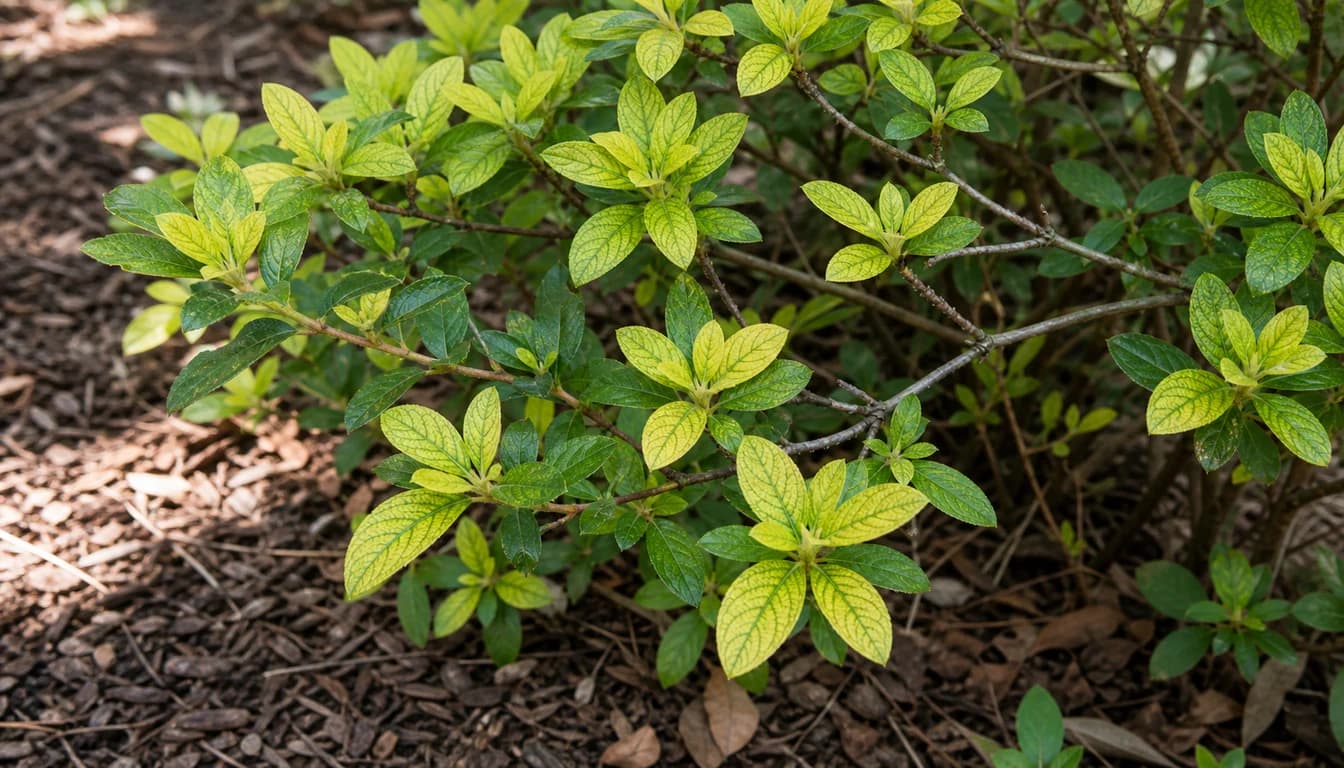 Azalea shrub with pale yellow new leaves and green veins beside darker older foliage in a mulched garden bed.