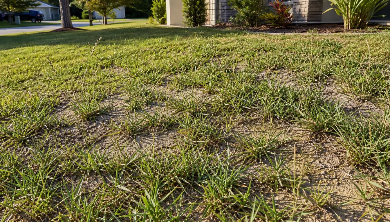 Thin Bahia grass lawn with coarse green clumps, seedhead stalks, and sandy soil gaps between sparse turf.
