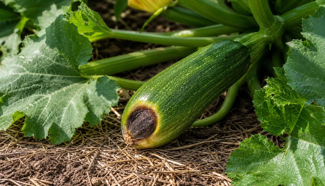 Green zucchini fruit with a dark sunken blossom-end rot patch beside healthy leaves and straw mulch in a vegetable bed.
