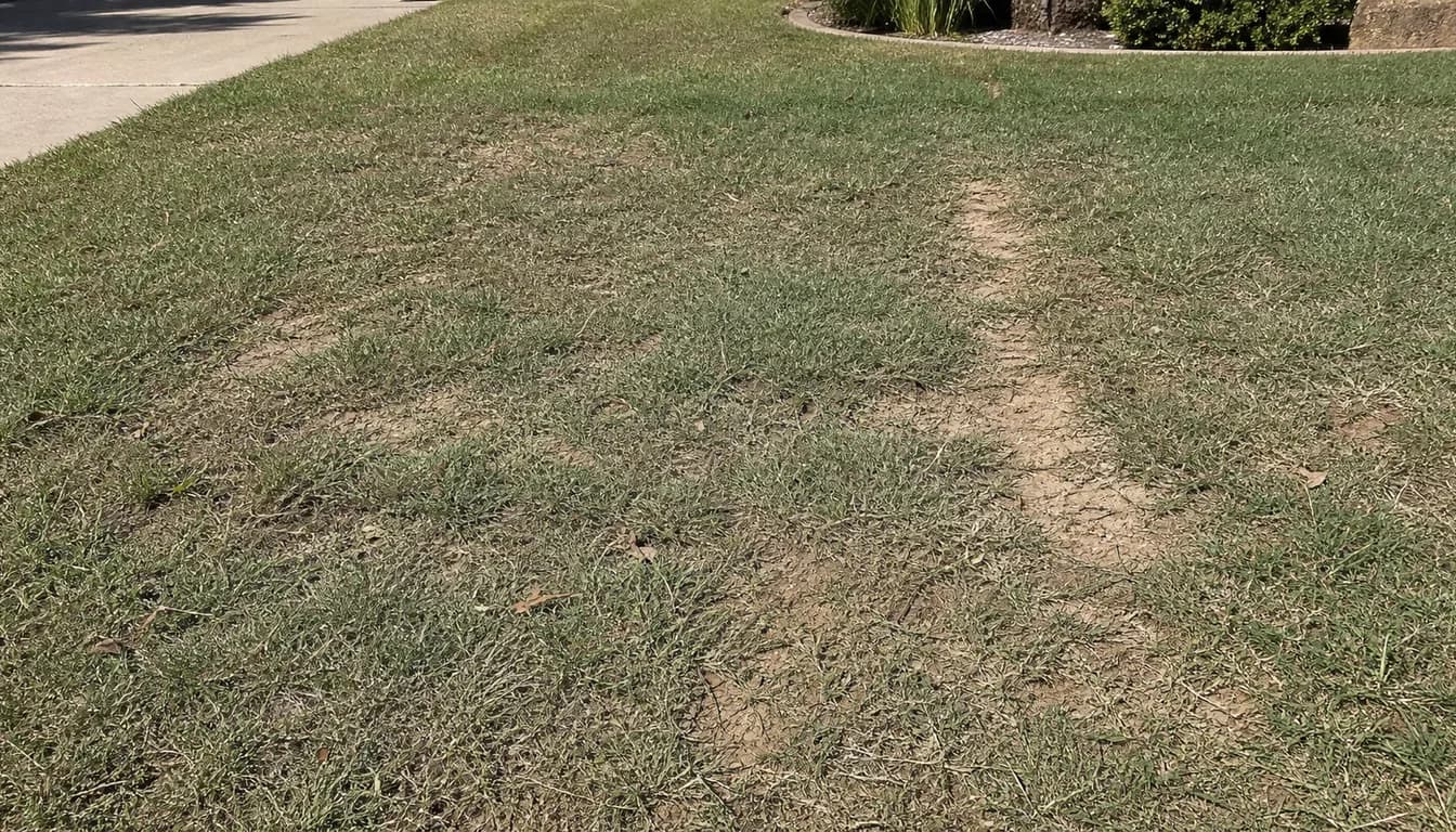 Thin patchy buffalo grass lawn with short gray-green turf, exposed sandy soil, tan brittle patches, and a worn compacted strip in bright sun.