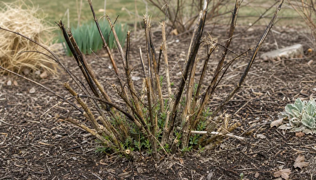 Winter-damaged butterfly bush with brittle brown and blackened canes and small green shoots emerging from the crown in a mulched bed.