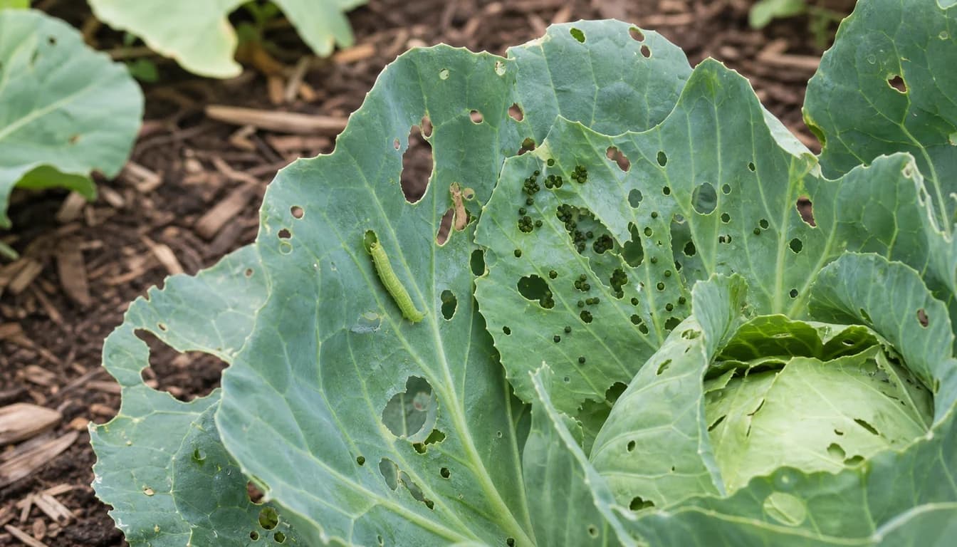 Green cabbage worm on a cabbage leaf with ragged chewing holes and dark frass pellets in a garden bed.