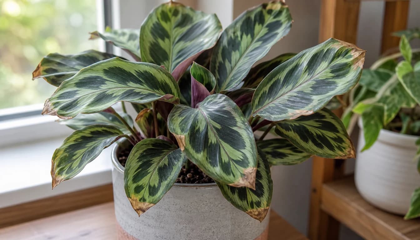Potted Calathea with patterned green leaves showing dry brown tips and slightly browned margins near a softly lit window.