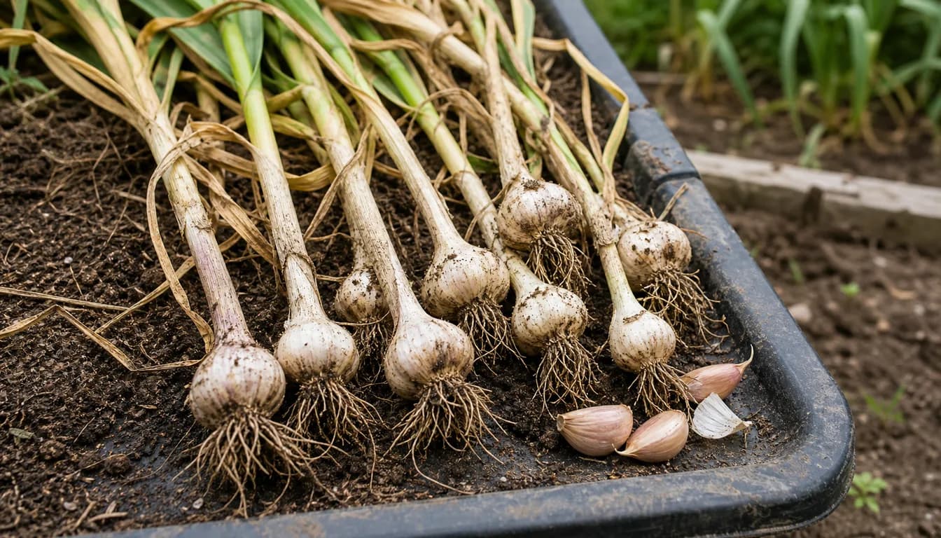 Small harvested garlic bulbs with clean papery skins and roots on a soil-covered garden tray.