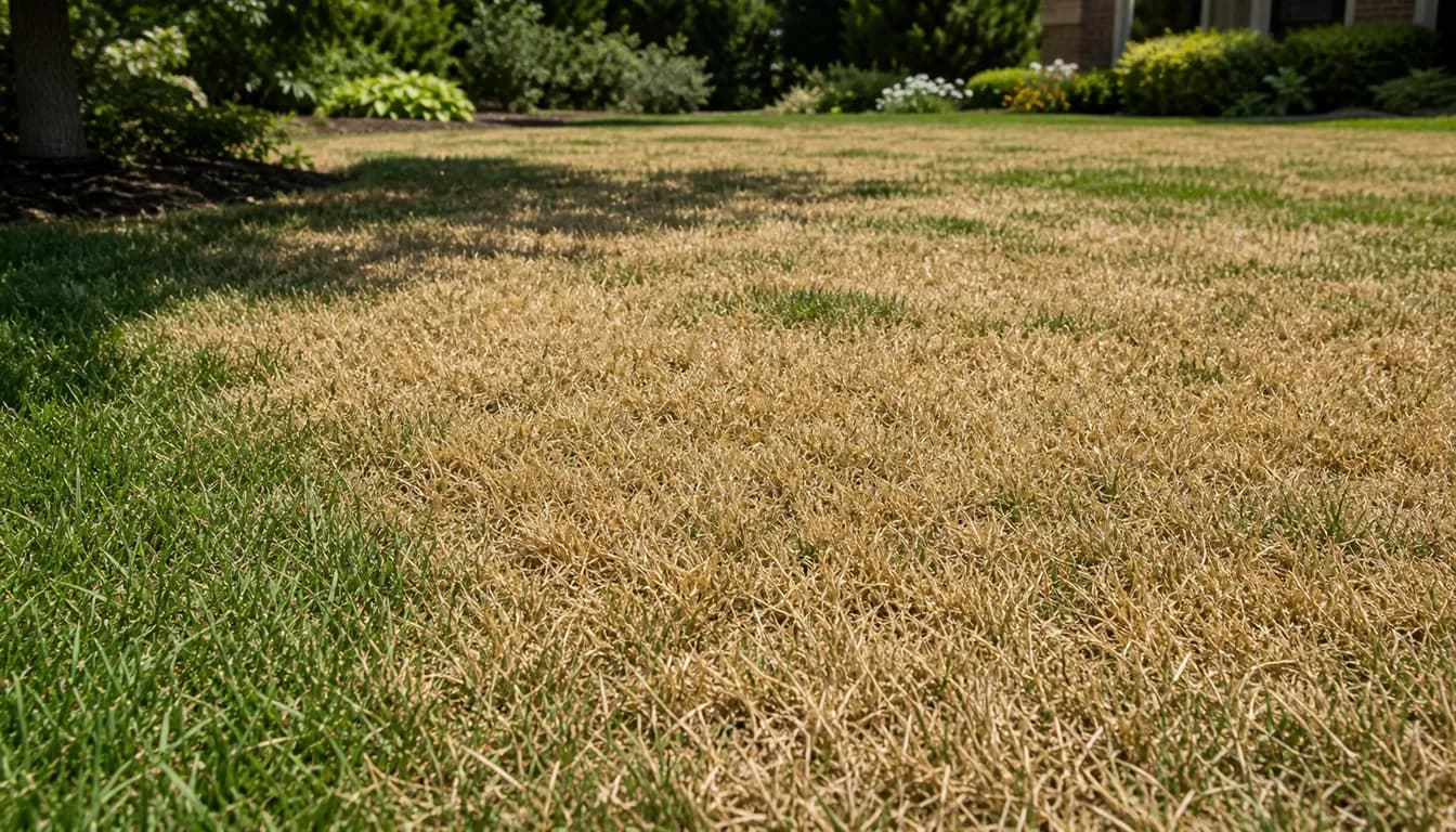Kentucky bluegrass lawn in summer dormancy with straw-brown turf and scattered green surviving patches.