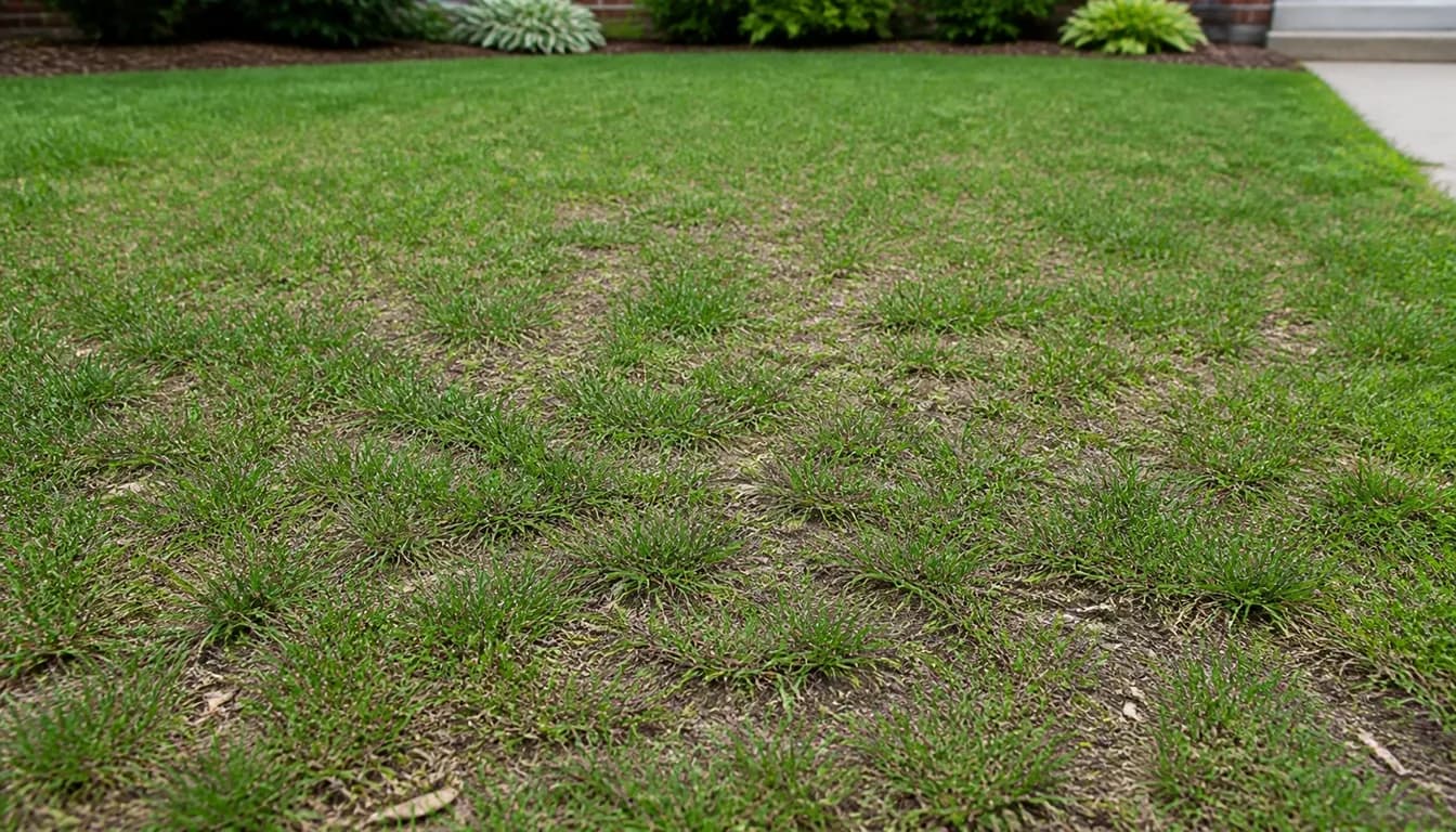 Thin Kentucky bluegrass lawn with sparse green blades and visible soil gaps between weak turf clumps.