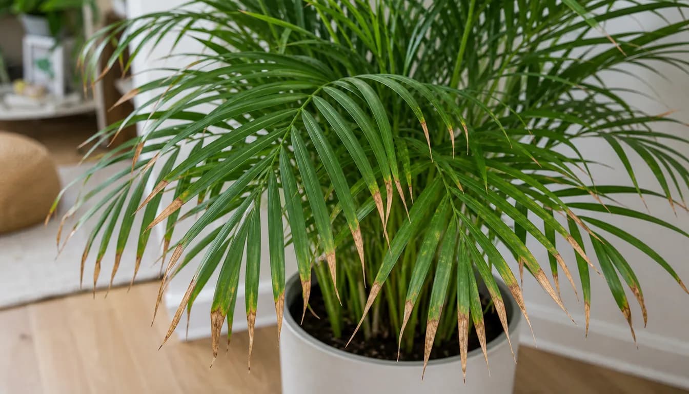 Indoor Majesty Palm with green fronds and dry brown crispy tips on several leaflets.