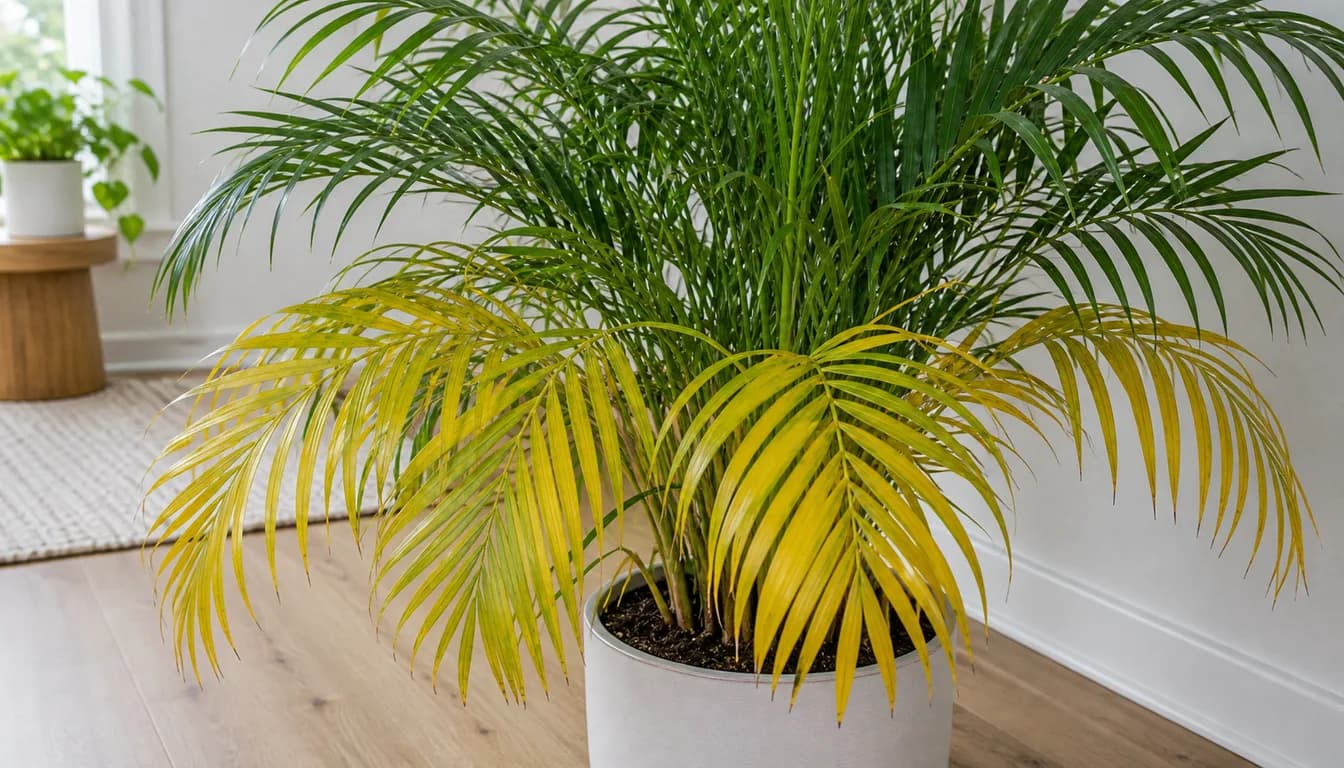 Indoor Majesty Palm with yellow lower fronds and healthy green upper fronds in a white pot.