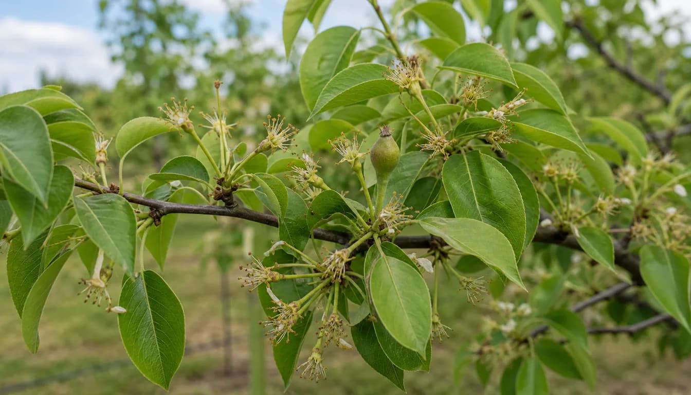Pear tree branch after bloom with many spent flower stems and only one small young fruitlet.