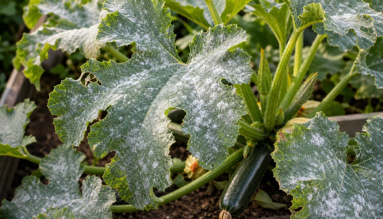 Zucchini leaves with white powdery mildew patches in a vegetable garden