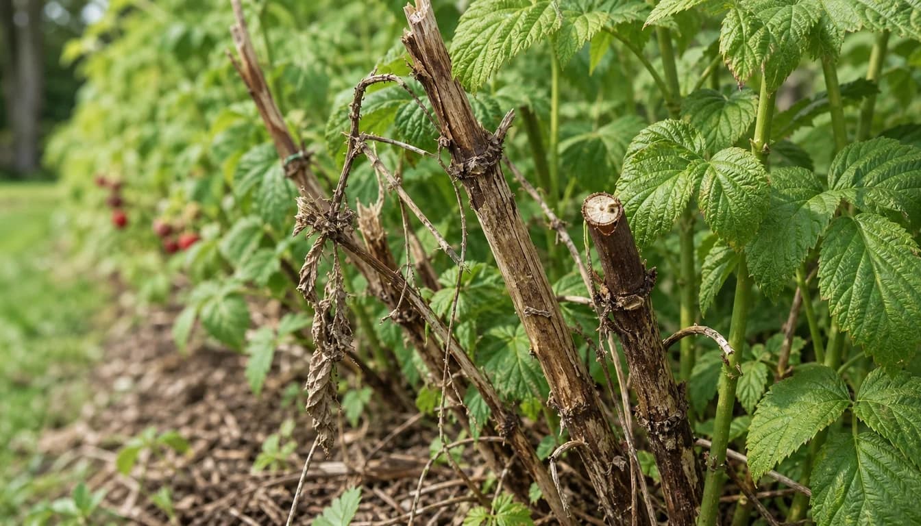 Raspberry row with brown dead cane sections beside green leaves