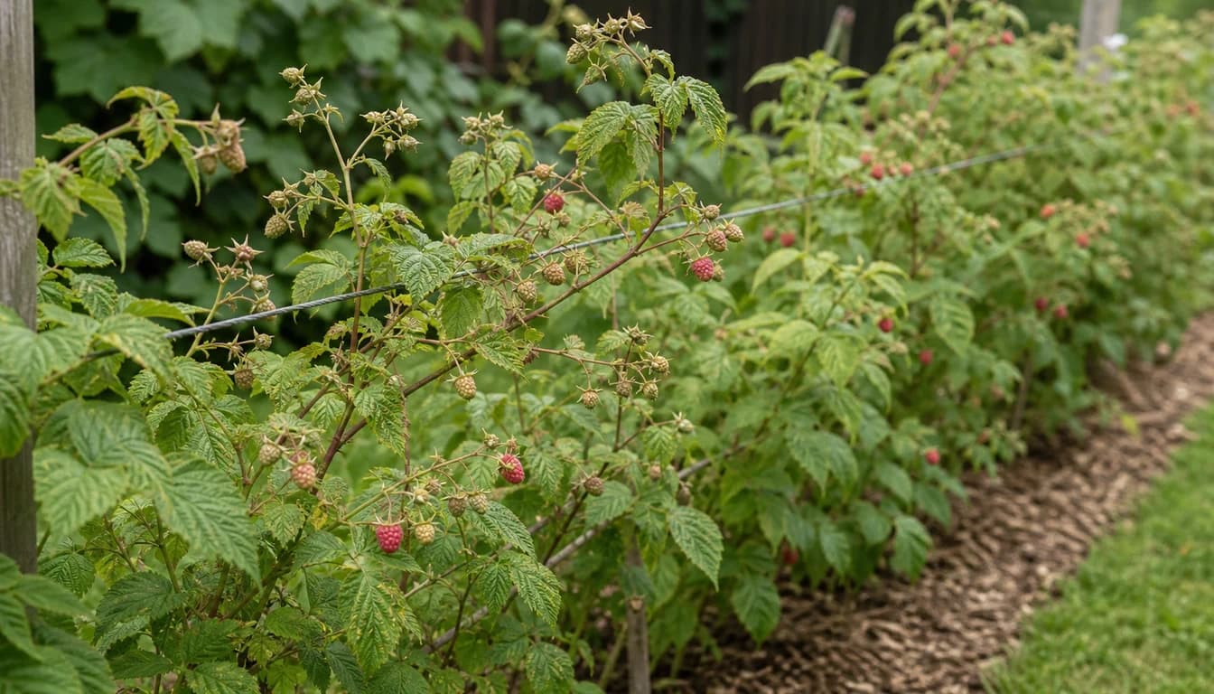 Raspberry canes with sparse leaves and only a few small developing berries