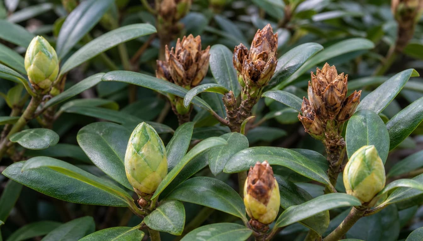 Rhododendron flower buds browned and dried before opening beside green leaves