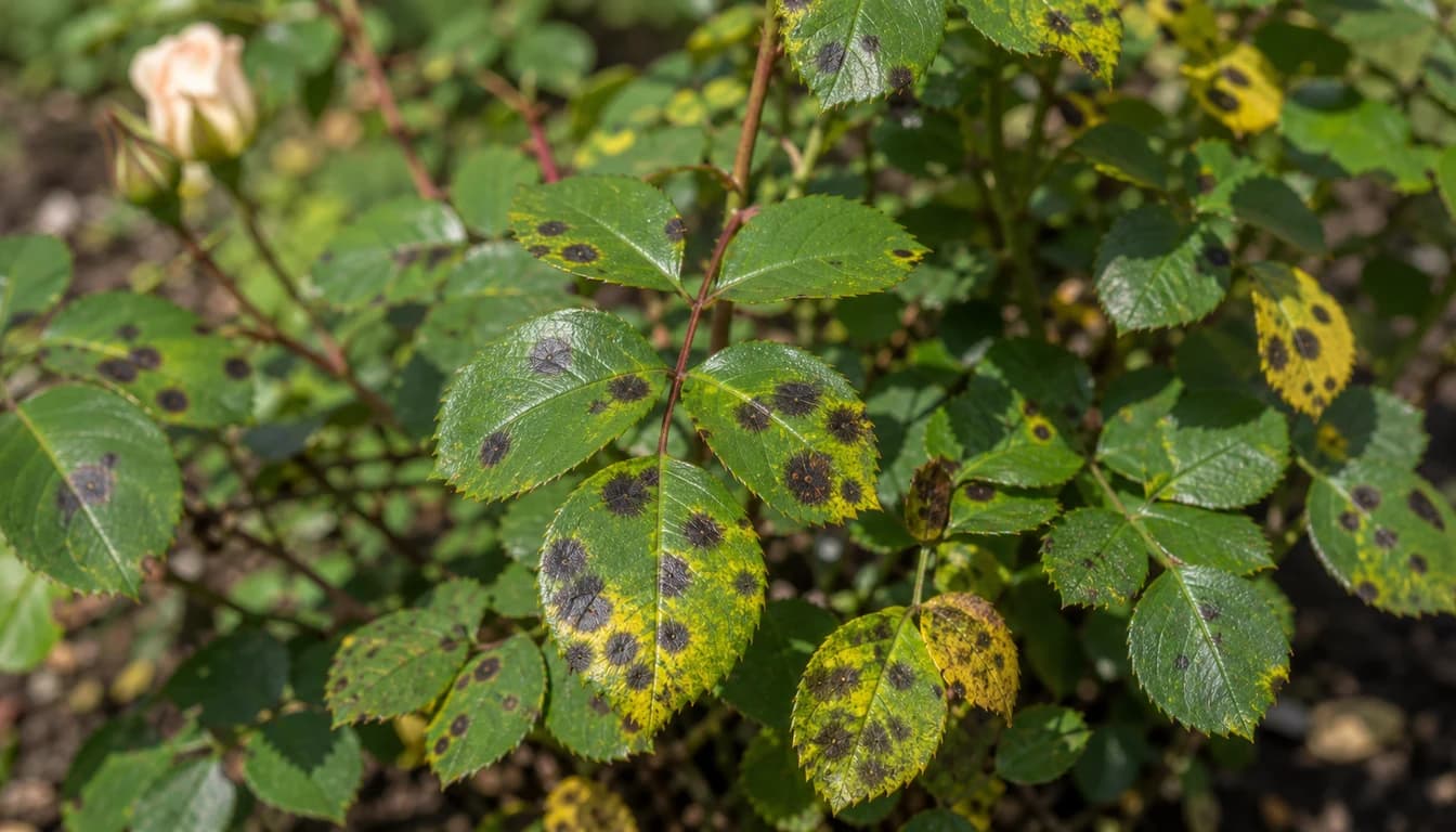 Rose leaflets with black spot disease and yellowing around dark round lesions