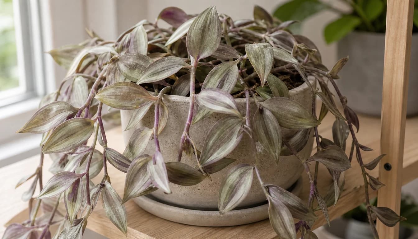 Wandering Jew plant with faded dull purple and green leaf striping