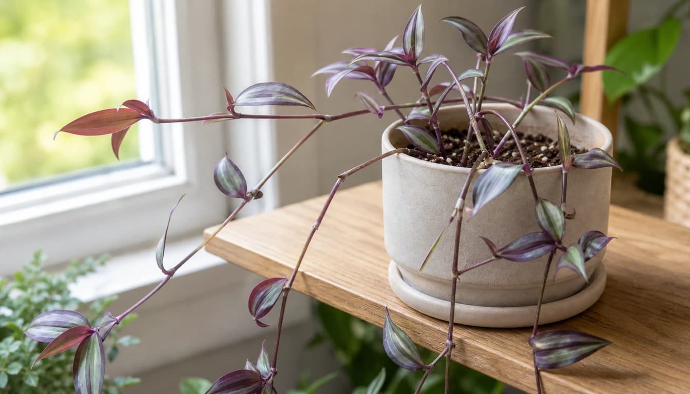 Wandering Jew plant with stretched leggy stems and wide gaps between leaves